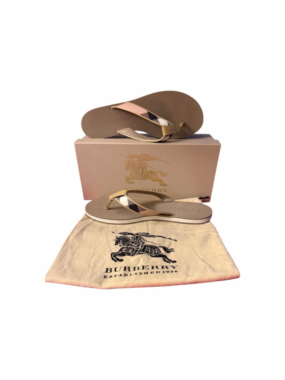 Burberry Tan and Beige Check Thong Sandals - Picture 2 of 5